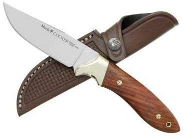 Muela Cuchillo COCKER-11CO hoja de acero Samdvol 14C28N de 11 cm y empuñadura de cocobolo para Caza, Pesca, Supervivencia y Bushcraft Realizado en Ciudad Real + Portabotellas de regalo