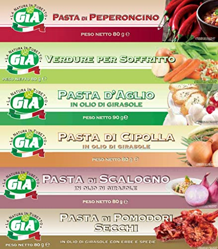 GIA Mix Tubetti 6 Gusti (Peperoncino, Verdure per Soffritto, Aglio, Cipolla, Scalogno, Pomodori Secchi) - Per Uso a Crudo o in Cottura - Senza Glutine, Confezione Riciclabile e Anti-Spreco