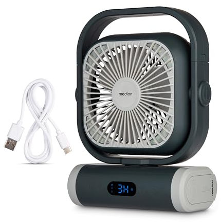 MEDION Ventilator E10 TF (Akku, Mini Ventilator, USB Ventilator klein mit Licht, Fernbedienung, 5 Stufen, Oszillation, Haken zum Aufhängen, Powerbankfunktion, ideal für Büro Camping Zelt) grau