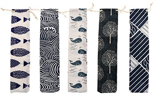 5Pcs Japanese Style Cotton Linen Drawstring Pouches for Storage, Reusable Portable Bags for, Forks, Chopsticks, Picnic and BBQ