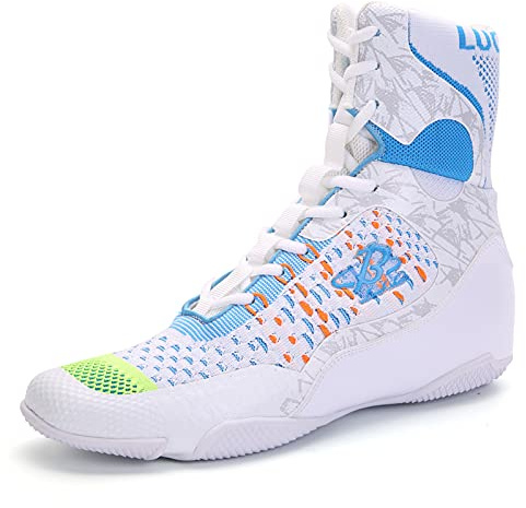 B LUCK SHOE Men's Boxing Shoes High Top – Lightweight & Breathable Training Shoes for Boxing, Kickboxing, MMA, Gym & Combat Sports LS198 White