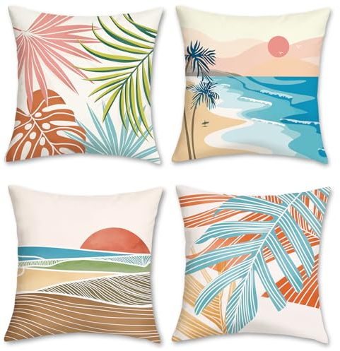 Bonhause 4er Set Kissenbezüge Moderne Tropische Blätter Strand Sonnenaufgang 45 x 45 cm Samt Soft Sommer Dekorative Kissenhülle Zierkissenbezüge für Sofa Schlafzimmer Wohnzimmer Zuhause Dekoration