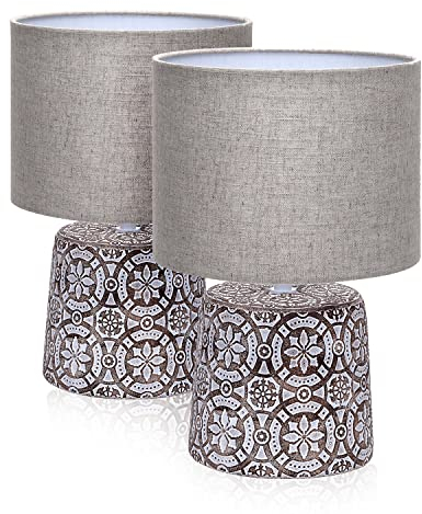 LED Universum 2er Set Tischleuchten Tischlampen Nachttischlampen Leseleuchten aus Keramik mit Stoffschirm, E14 Sockel, rund braun gemustert - 3143