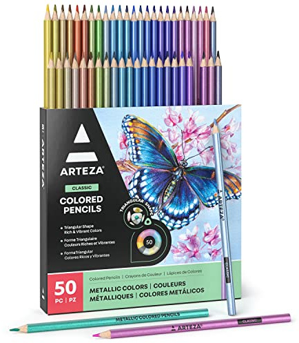 ARTEZA Metallic-Buntstifte für Erwachsene, 50 Zeichenstifte, dreieckiger Griff, vorgespitztes Bleistift-Set, professionelles Kunstzubehör für Künstler, zum Ausmalen und Skizzieren