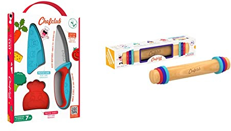 Le Couteau du chef Chefclub Kids Bleu & Rouge & Kids - Rouleau à Pâtisserie Ajustable en Bois - 3 Anneaux en Silicones Amovibles pour 3 Différentes Épaisseurs de Pâtes 2KIT301