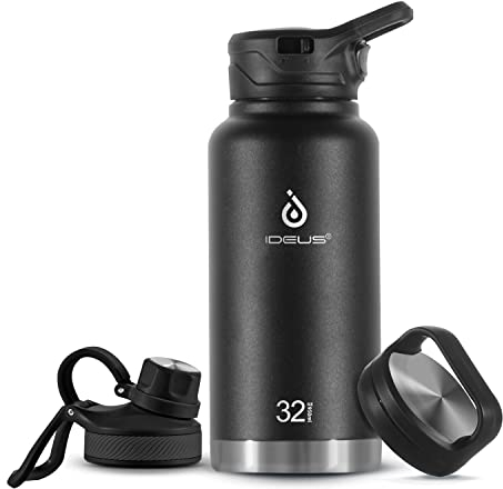 IDEUS Vacuum Insulated Water Bottle, Stainless Steel Double Wall Flask Metal Sports Canteen with Leak-Proof Screw Cap (Black, 32oz (950ml))
