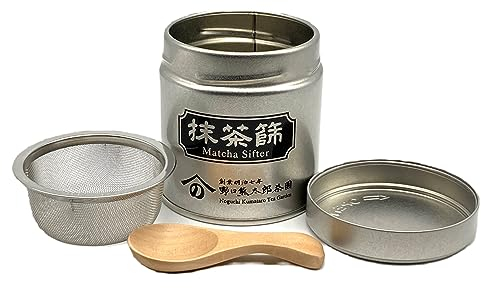 Matcha Sifter Tin with Mesh Sifter and Wooden Tea Spoon/Screw Lid/About 70g (2.5ounces) Matcha Capacity/Made in japan
