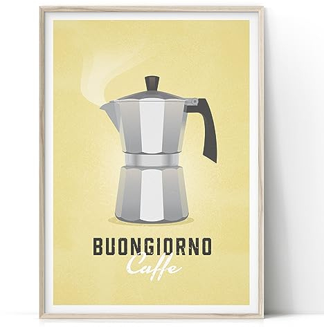 Yellow Moka Pot Wall Art, Espresso Gift for Coffee Lovers, Buongiorno Caffè (Framed Giclée Print or Canvas)
