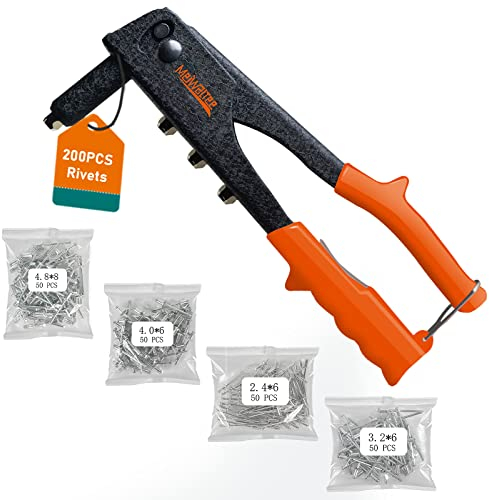 Meiwaltee Pince à rivets avec 200pcs rivets, Professionnelle Robuste 4 en 1 Riveteuse Manuelle - 4 Tailles : 2.4 MM - 3.2 MM - 4.0 MM - 4.8 MM,Outil de rivetage pour Automobile, Meubles, Instruments
