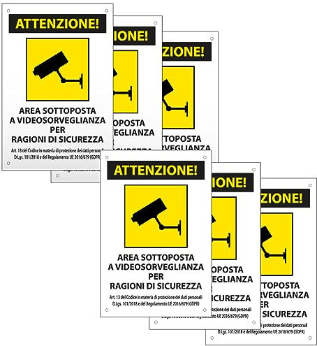 SPACE - 6 Cartelli area videosorvegliata per ragioni di sicurezza 20cm x 30cm in PVC - GDPR 2020 - Cartelli videosorveglianza per negozio e proprietà privata lunga durata nel tempo - SPACE