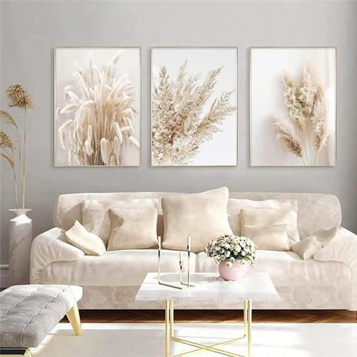 Pampasgras Leinwand bilder 3er set,Moderne Boho style Poster,Beige Pampas Wild Schilf Wandbilder,Home deko Bilder für Wohnzimmer Schlafzimmer Flur, Ohne Rahmen (Style-3,50x70cmx3pcs)