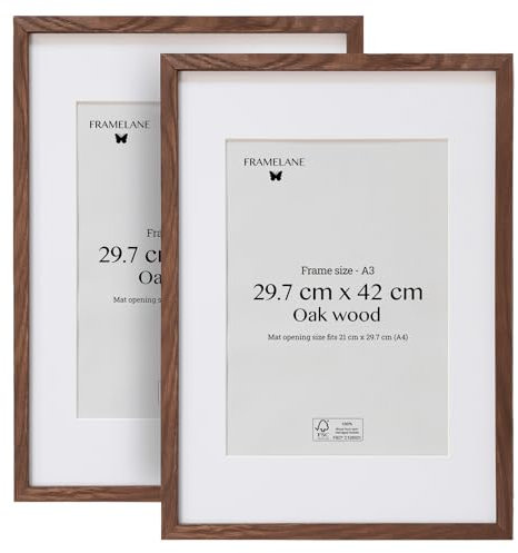 Framelane Set of 2 Bilderrahmen A3 Dunkelbraun - FSC-Zertifiziertes Holzbilderrahmen Dunkelbraun Aus Eichenholz, Mit Passepartout, Kratzfestes & Bruchsicheres Acrylglas, Für Wand- Und Tischmontage