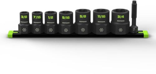 GRIPEDGE Tools | 7-PC – 3/8'' Drive SAE RPT Socket Extractor Set | Sizes 3/8'' – 3/4'' | Removes Broken Studs, Stripped Bolts and Lug Nuts | Includes Premium Aluminum Socket Rail|