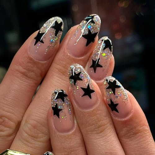 Boloshine 24Pcs Press on Nails, French Tip False Nails Acrylic Nail Tips, Removable Full Cover Glue on Nails with Glue Stickers, Full Cover Fake Nails for Women Girls - Song of the Starry Night