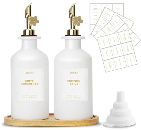 sunal Lot de 2 distributeurs d'huile d'olive avec plateau, lot de 2 distributeurs d'huile d'olive pour cuisine, 350 ml, distributeur d'huile et de vinaigre en verre avec bec verseur lesté, étiquette