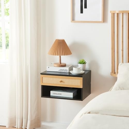 [en.casa] Wandregal Eiker Schweberegal Hängeregal mit Schublade Nachttisch hängend schwimmendes Regal Wandboard schwebende Nachtkommode Nachtschrank Nachtkonsole 40 x 32 x 23 cm Schwarz/Rattanoptik