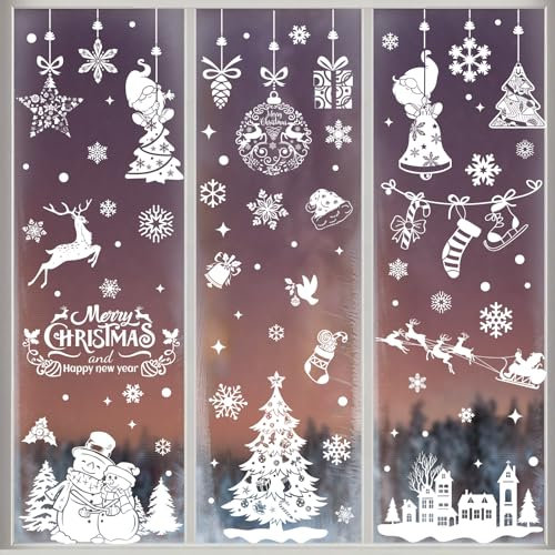 AMLOOPH Merry Christmas Window Stickers, 9 Sheets White Xmas Window Clings for Indoor Christmas Decorations, Xmas Snowflake Window Stickers Christmas Scene Decorations for Windows