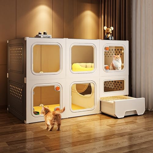 Large Indoor Cat Enclosure, 2 Tiers Cat Catio Cat House with Transparent Windows and Knob Locks, Multi-Feature Enclosed Cat Condo with Cat Litter Box Drawer for Indoor Cats(Gray,70 * 45 * 105cm)