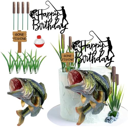 Gone Fishing Cake Topper with Largemouth Bass Sign Fisherman Happy Birthday Sign