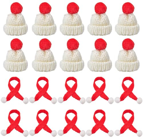 SUNNYCLUE 24 Mini Strickmütze Mit Mini Weihnachtsschals Rot Weiß Miniatur Weihnachtsmannmütze Schals Kleine Weihnachtsmannmützen Mini Strickmützen Für Christbaumschmuck DIY Kunsthandwerk Partydekorati