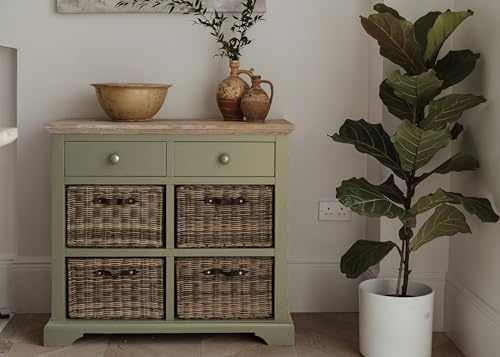 Florence Sage Green Sideboard, 2 Drawers, 4 Removable Storage Baskets, Acacia Wood Top | 42D x 96W x 85H cm | Fully Assembled Dining Living Room Furniture (sage green)