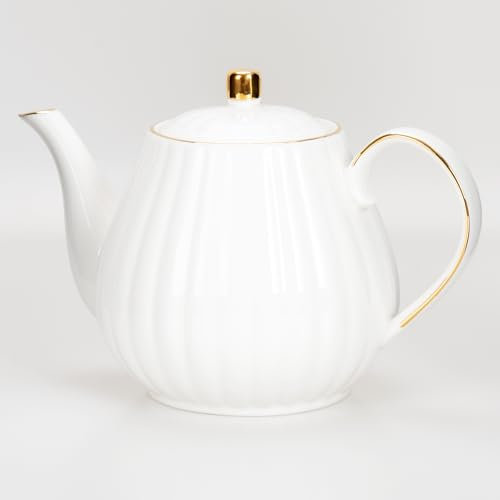 Prefdo Porcelain Tea Pot with Lid British Style Ceramic Teapot White Coffee Pot Water Kettle for Tea/Coffee/Milk/Women/Home/Kitchen/Office/Coffee Shop/Tea Party