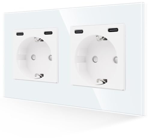 JIMEIDA Enchufe doble de cristal con USB C 20 W, carga rápida, color blanco, enchufe Schuko de dos puertos tipo C, empotrable, 157 mm, 16 A, 250 V