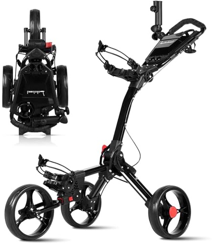 Lakehood Golf Push Cart, 3 Wheel Golf Push Cart Foldable and Golf Bag Cart, Push Cart Golf Easy to Open/Fold, Golf Caddy Push Cart with for Different Terrain with Umbrella Stand Cup Holder Scoreboard