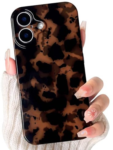 NITITOP Compatible with iPhone 16 Case Cute Stylish Leopard Print Brown and Black Amber Aesthetic Design for Women Girls Men Soft TPU Shockproof Protective Cover - Black