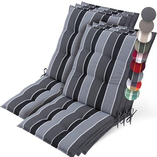 Beautissu 6er Set Premium Niedriglehner Auflage Gartenstuhl 100x50cm Sun-NL – 8cm Dick Polster Gartenstuhlauflage rutschfest Befestigungsbänder UV-Lichtechtheit 5 – Robust Stoff Anthrazit Gestreift