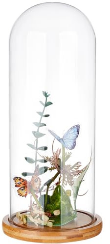 BENECREAT Copertura In Vetro Trasparente per Fiori Eterni Da 11.7x30cm, Vaso A Campana In Vetro con Base In Legno Massello Color Marrone Sabbia per Creazioni Floreali Fai Da Te