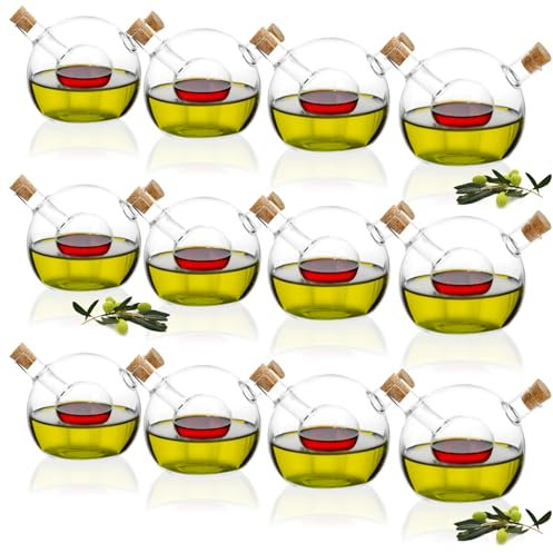 com-four® 12x Öl- und Essigflasche mit Korken - leere 2 in 1 Glaskaraffe zum Befüllen - edle Glasflasche mit Einsatz und 2 Öffnungen 42 ml, 300 ml - Öl- und Essigspender Ø 10 cm (12 Stück - 2 in 1)