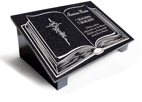 Grabstein aus Granit mit Personalisierung, poliert, gefaste Kanten. Geeignet als Urnengrabstein | Grabplatte | Gedenktafel | Urnenliegestein. Mit Stützen Motiv Buch BI01 (40x30cm mit Stützen)
