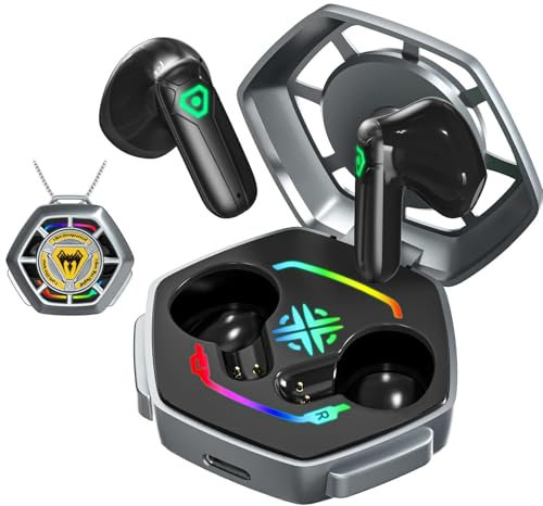 ANCwear True Wireless Earbuds, Bluetooth Headphones, Ear Buds with Metal chain & USB-C Charging Case,Mecha desgin with Customizable stickers for Teens,Young Adults (Ash) (Yellow)