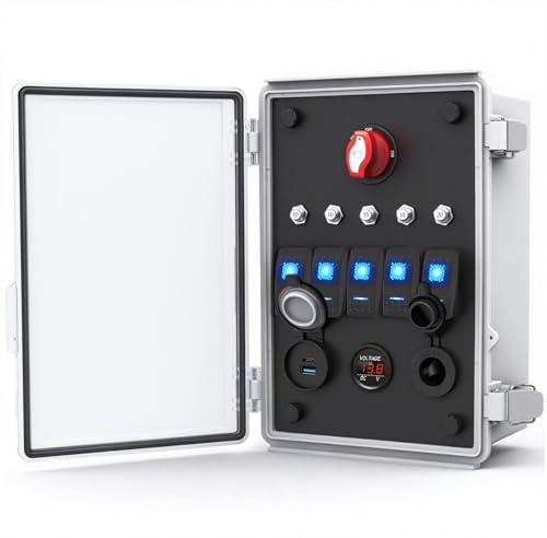 AMOMD 12V Waterproof Rocker Switch Electrical Box with 150A Battery Switch 5 Gauge Toggle Switch Panel QC3.0&PD30W Charger Power Outlet Voltmeter Breaker for Automotive Marine RV Truck Boat