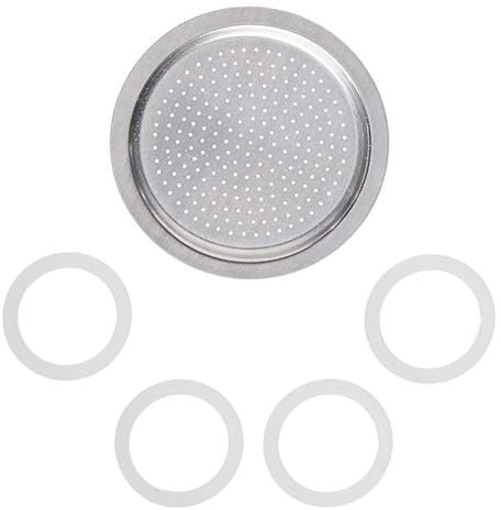 MOYWYCNO Gasket for 3 Cup Espresso Maker Includes 1 Filter and 4 Silicone Gasket Seals Parts Moka Pot Gasket Aluminium Coffee Pot Filter Replacement Spare for Stovetop Coffee Maker(150ml)
