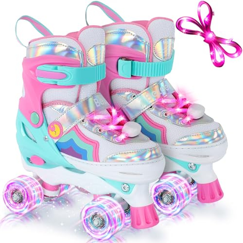 BELEEV Rollschuhe Kinder 4 Größen Verstellbare, Rollschuhe Mädchen mit 8 Leuchtenden LED-Rädern und Schnürsenkeln, Sicher Unterhaltsam, Geburtstags Anfänger Mädchen Jungen - Pink M