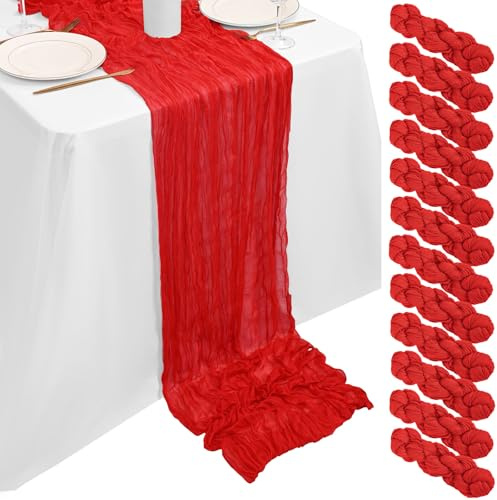 Showgeous 12 Stück Käsetuch Tischläufer Rot 90x300cm, Käsetuch Rustikaler Rot Rustikaler Gaze Stoff Transparent Boho Hochzeit Tischdekoration für Hochzeitsempfang Brautdusche Babyparty