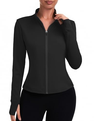 PINSPARK Laufjacke Damen Kurze Sportjacke Langarm Trainingsjacke Yoga Jacke Fitness Sweatjacke Reißverschlusstaschen mit Daumenlöchern Schwarz S