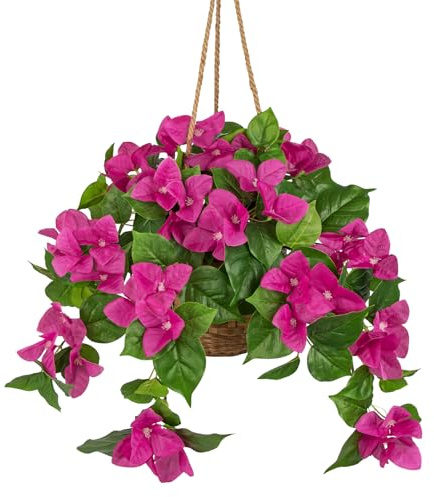 Briful Artificial Bougainvillea Flowers Hanging Basket - Silk Flowers Hanging Plants in Rustic Woven Basket with Jute Rope - Fuchsia Bougainvillea Faux Flower Indoor/Covered Outdoor Décor