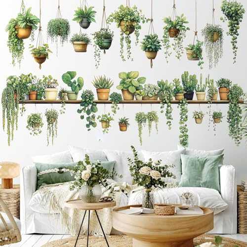 Wandtattoo Pflanzen Wandsticker Küche Efeu Wandbildkunst Blumentopf | Grünpflanzen-Wandaufkleber Wandtattoo Selbstklebend Geeignet für Wohnzimmer-Schlafzimmer-Balkon-Wanddekoration Wasserfestem