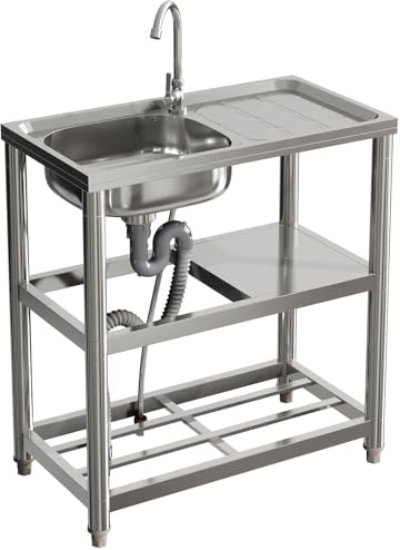 Warmiehomy 3 Tier Kitchen Sink Unit Single Bowl Storage Shelf, 75x40x80cm | Stainless Steel Free Standing, Commercial Sink with Drainer Kit, for Kitchen Outdoor Camping Basin