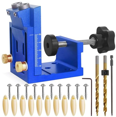 Pocket Hole Jig Kit,15 Degree Aluminum Alloy Woodworking Drill Guide | Dowel Jig,Adjustable Pocket Screw Locator,for Cabinet Furniture Joinery,Heavy Duty Carpentry Tool with Clamps,Blue