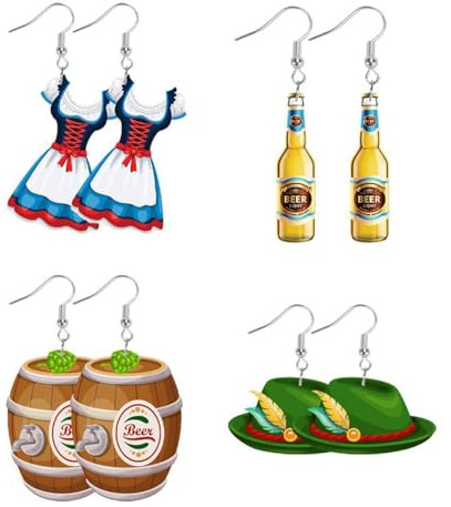Gaodercha 4 Pairs Oktoberfest Earrings Acrylic Beer Festival Earrings Women Beer Bottle Dress Barrel Hat Drop Dangle Earring Festival Costumes Outfits Accessories for Women