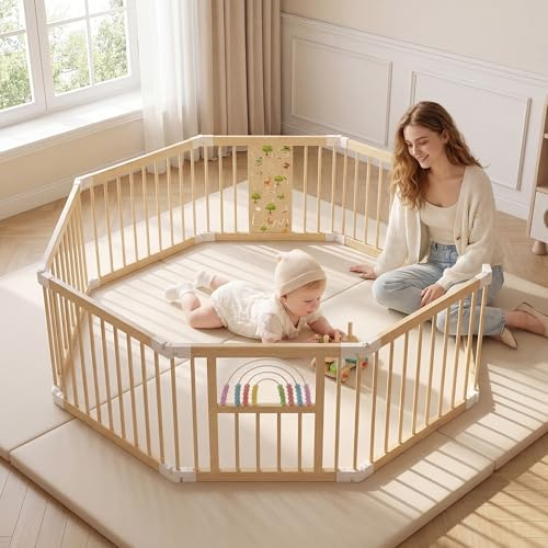 BLEKOO Laufstall Baby Holz mit Spielcenter – 140 x 140 cm Laufstall Baby Faltbar | Verstellbarer Holzlaufstall mit Spielzeug & Tor (8-teilig)
