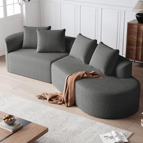 Bladez Moderne Geschwungene Ecksofa, 3-Sitzer Wohnzimmersofa in Samt Optik, Bequeme Polsterung, Einfache Montage, Grau-Beige (Dark Gray + Chenille, 3 Seat)