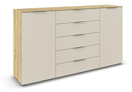 Rauch Möbel Flipp, Kommode, Farbe Beige/Eiche Artisan, Breite 180 cm | Sideboard, 2-türig, 5 Schubladen, Soft-Close-Funktion, für Schlafzimmer, Gästezimmer, Wohnzimmer, Garderobe, Flur