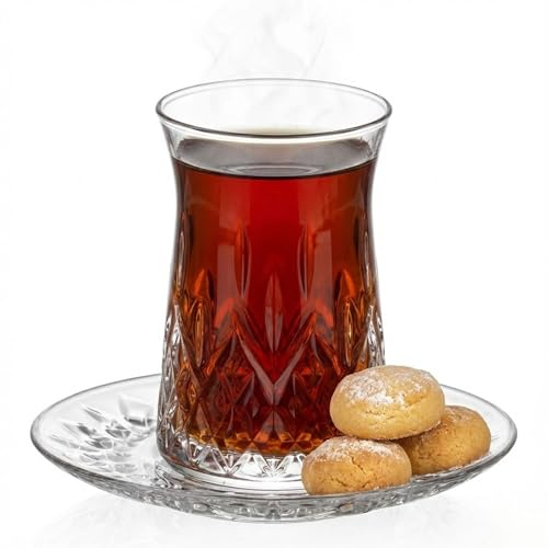 vienberg 12-tlg. Teegläser Set für 6 Personen (170ml) – Türkische Teegläser mit Untertassen in edler Kristall-Optik – Bleifreies Glas & Spülmaschinenfest – Diamant-Design, cay bardagi