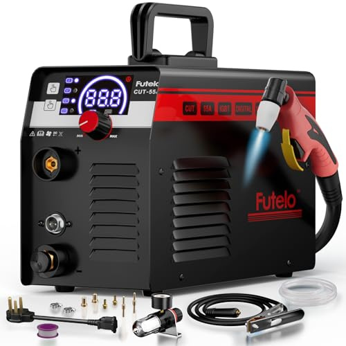 Futelo Plasmaschneider, [Großes LED-Display] 55 Amp Plasmaschneider Maschine mit 110/220 V Dual-Spannungswechselrichter IGBT 1,27 cm sauberer Schnitt, Nachfluss, 2T/4T für Anfänger DIY