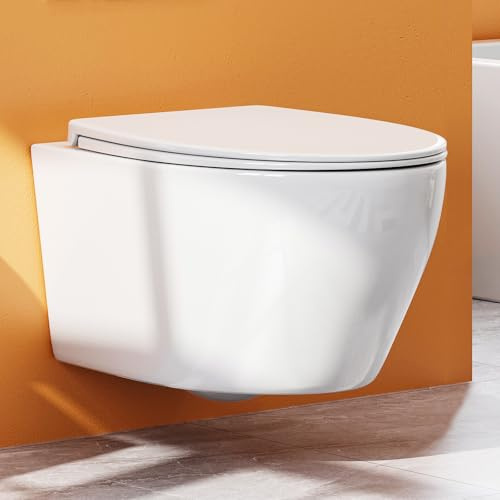 TealHome Rimless Wall Hung Toilet, Wall Mounted Bathroom Toilet with Tornado Flush System, White Ceramic Floating Pan, Easy Clean Rimless Design, Modern Compact Toilet for Ensuites & Bathrooms
